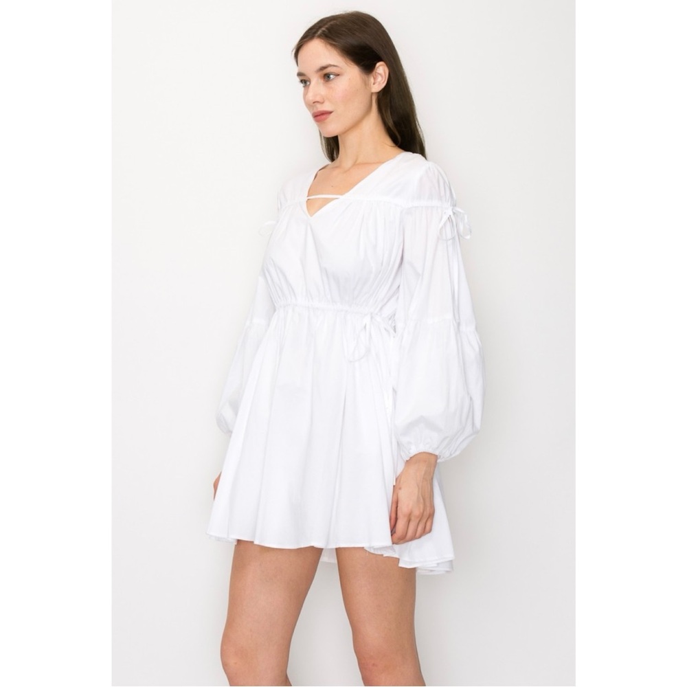 White 100% Cotton Lantern Sleeve Gather Tie Detail Mini Dress - Picture 3 of 5